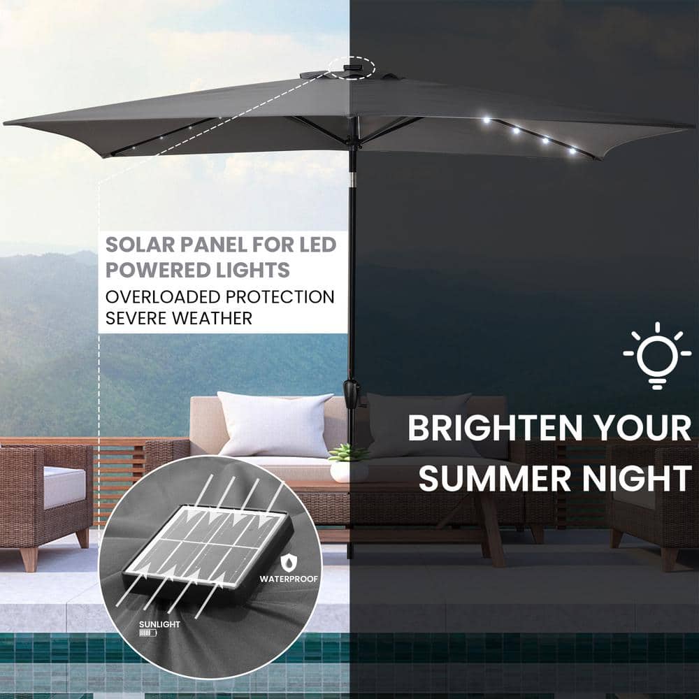 Gray Rectangular Steel Solar LED Patio Umbrella with Hand Crank