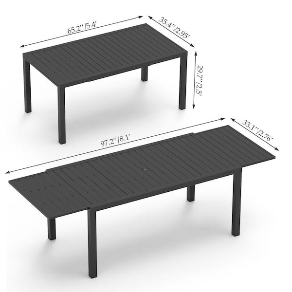Black Rectangle Aluminum Outdoor Dining Table with Extension W