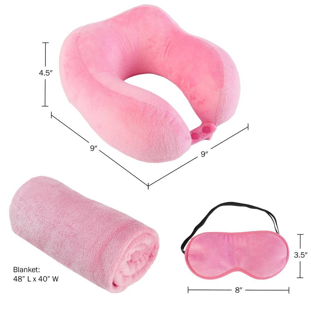 Pink Memory Foam Travel Pillow Set with Fleece Blanket and Eye Mask
