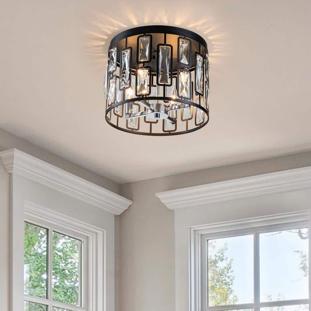 Matte Black Drum Flush Mount with Clear Crystals