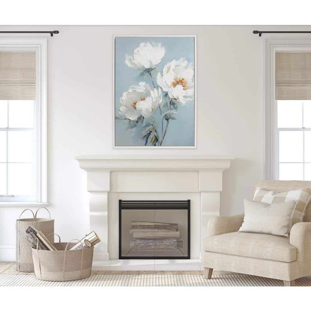 White Peonies on Ocean Blue Canvas with Beaded Frame