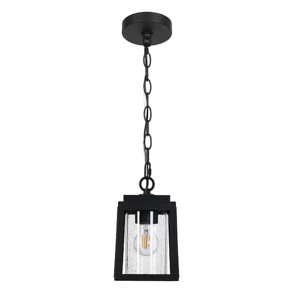 9.8 in. 1-Light Black Modern Dimmable Rectangle Outdoor Porch Pendant Light Industrial Lantern with Seeded Glass