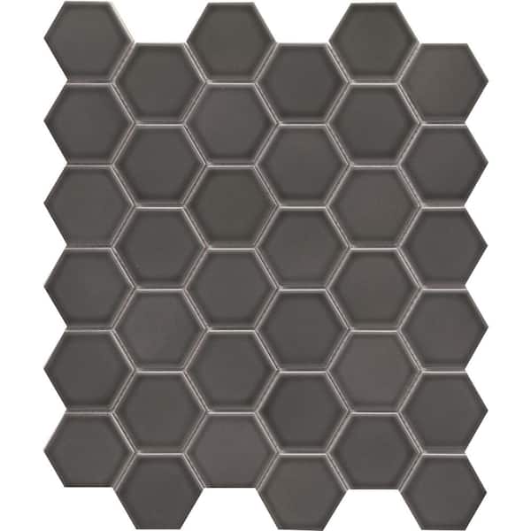 EMSER TILE Savvy Pewter 11 in. x 12 in. Hexagon Glossy Porcelain Mosaic Floor and Wall Tile (0.937 sq. ft./Case, 1 pc)