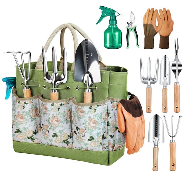 9-Piece Garden Tool Set Heavy Duty Stainless Steel with Ergonomic Handles and Floral Organizer Tote Bag for Women Gifts
