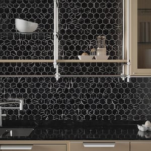 Hollow 2 in. Hex Black 12.375 in. x 10.75 in. Hexagon Gloss Glass Mosaic Wall Tile (18.47 sq. ft./Case)