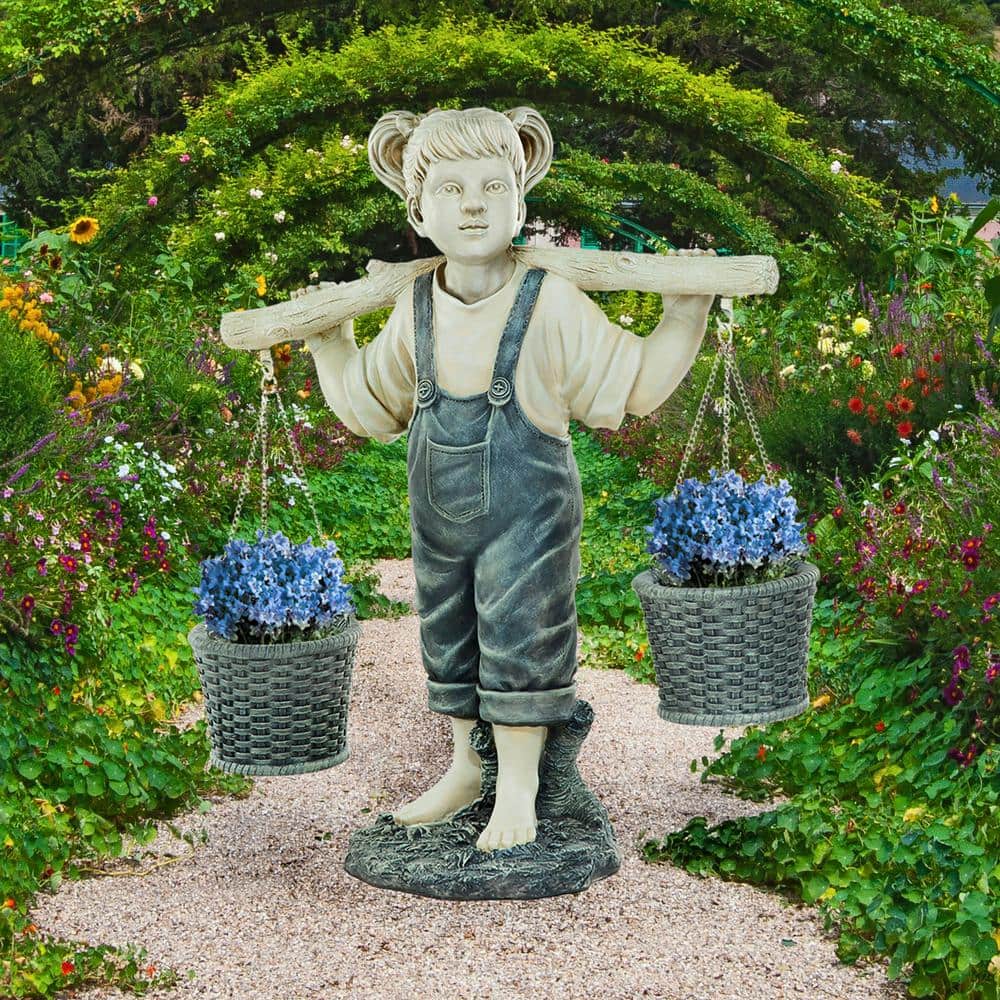 Large Off-White Resin Little Girl Garden Statue with Faux Woven Baskets