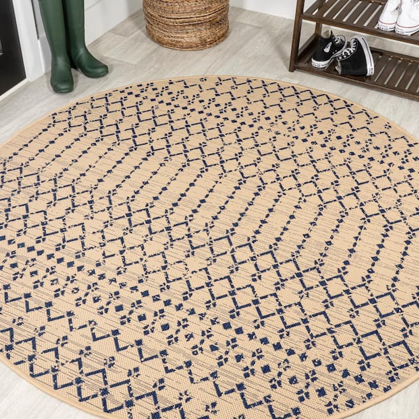 Ourika Moroccan Geometric Textured Weave Beige/Navy 5 ft. Round Indoor/Outdoor Area Rug