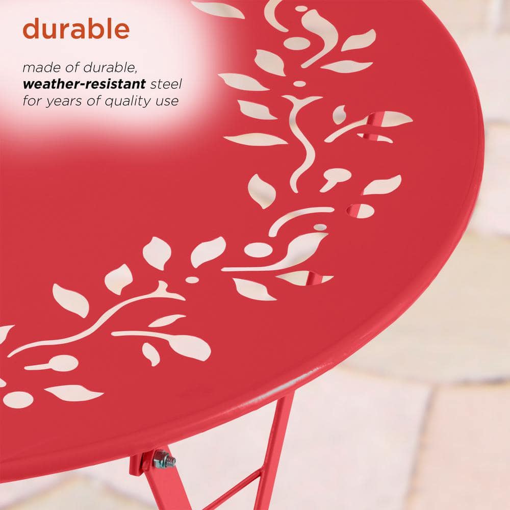 Red Elegance 3-Piece Metal Bistro Set with Intricate Leaf Design