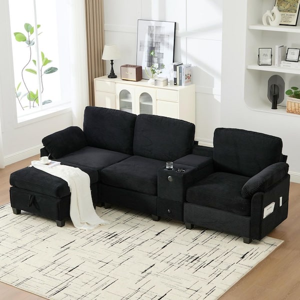 Gillian 104.72 in. Corduroy Rectangle Sectional Sofa in. Black with Cup Holders, USB Ports, Storage Box, Movable Ottoman