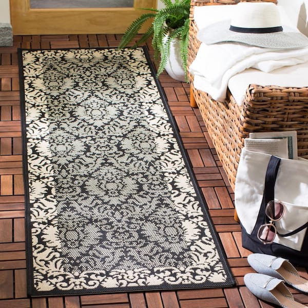 Courtyard Black/Sand 2 ft. x 10 ft. Floral Indoor/Outdoor Patio  Runner Rug