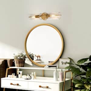 Mid-Century Cylinder Bathroom Vanity Light 2-Light Transitional Brass Gold Tube Wall Light with Seeded Glass Shades