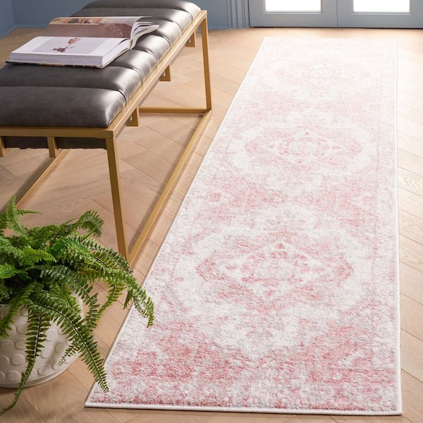 Layla 2 ft. x 13 ft. Ivory Gray/Pink Ornate Medallion Distressed Runner Rug