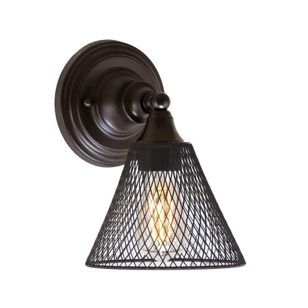 Fulton 1-Light Espresso Wall Sconce 7 in. Espresso Cone Mesh Metal Shade & 