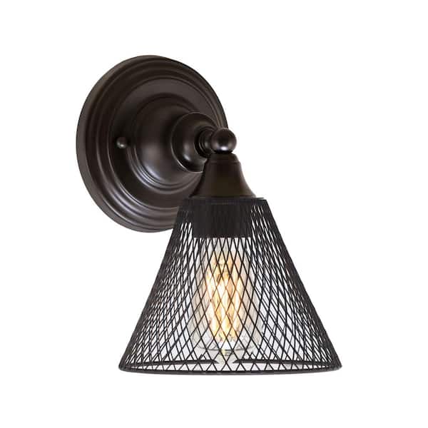 Unbranded Fulton 1-Light Espresso Wall Sconce 7 in. Espresso Cone Mesh Metal Shade & Clear Antique LED Bulb
