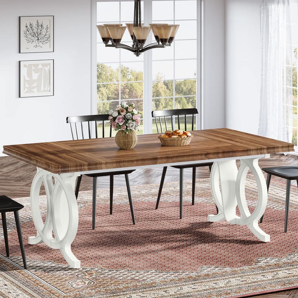 Roesler Farmhouse Brown and White Wood 71 in. W Rectangular Pedestal Dining Table Seats-8 for Home Kitchen, Dining Room