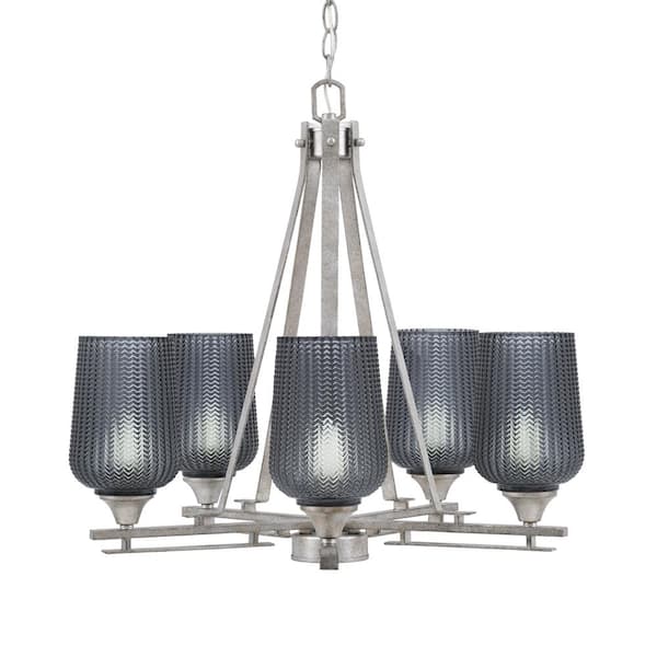 Unbranded Ontario 22 in. 5-Light Aged Silver Geometric Chandelier for Dinning Room with Smoke Shades No Bulbs Included