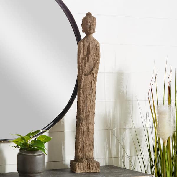Litton Lane Mavern Beige 5 in. x 32 in. Polystone Meditating Buddha Sculpture with Engraved Carving