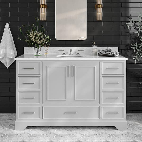 ARIEL Stafford 55 in. W x 22 in. D x 35.25 in. H Single Sink Freestanding Bath Vanity in Grey with Carrara White Marble Top
