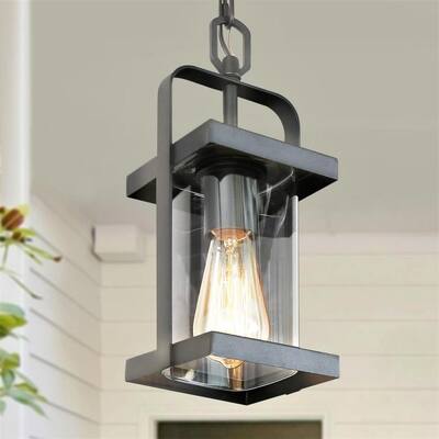 Modern Lantern Outdoor Hanging Light, Rhett 1-Light Rustic Black Cage Outdoor Pendant Light with Clear Glass Shade