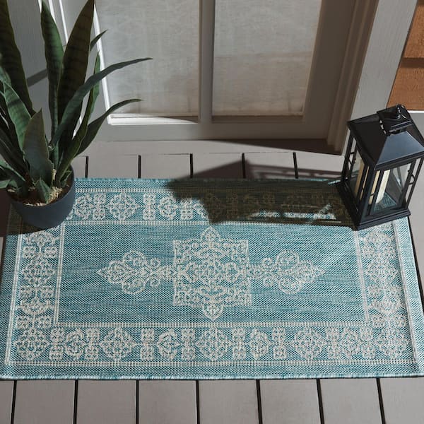 Courtyard Aqua/Gray 2 ft. x 4 ft. Border Medallion Indoor/Outdoor Area Rug