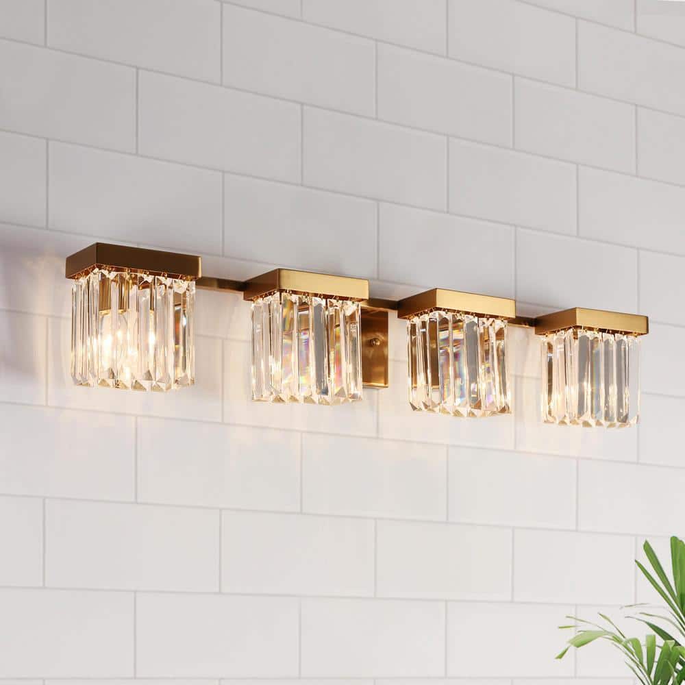 Modern Plating Brass Bathroom Crystal Vanity Light Contemporary 31.5 in. 4-Light Square Decorative Wall-Mounted Sconce