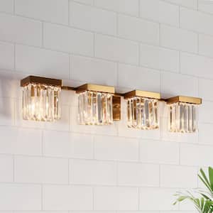 Modern Plating Brass Bathroom Crystal Vanity Light Contemporary 31.5 in. 4-Light Square Decorative Wall-mounted Sconce