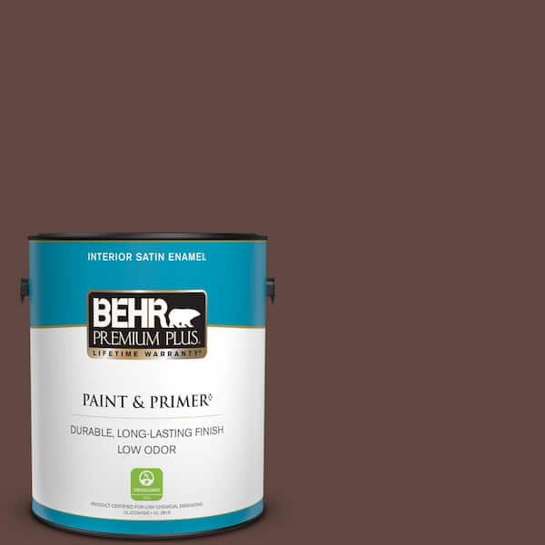 BEHR PREMIUM PLUS 1 gal. #180F-7 Warm Brownie Satin Enamel Low Odor Interior Paint & Primer