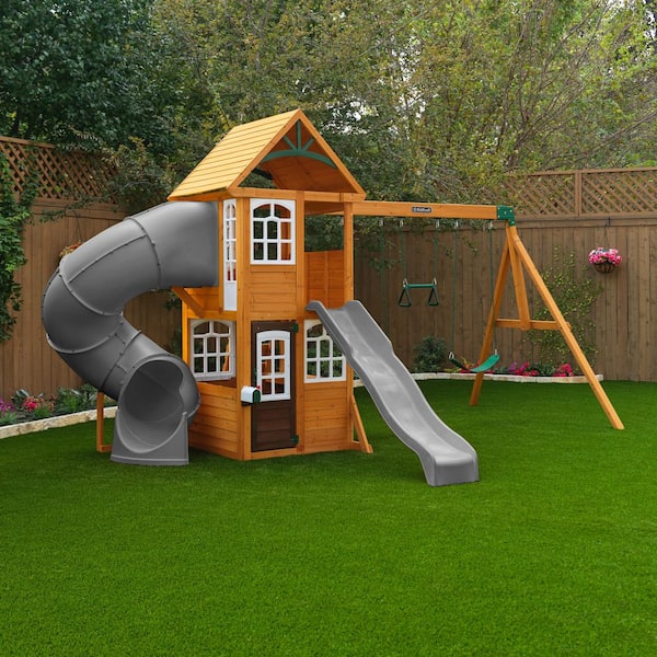 DIY Sterling Falls Wooden Outdoor Playground Set with Slides, Clubhouse, Play Kitchen, Swing Set, and Accessories
