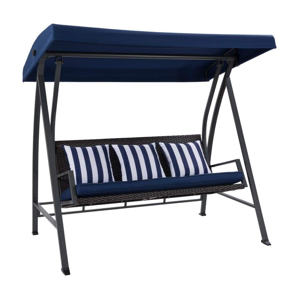 Flora Navy Blue 3-Seat Metal Patio Swing with Canopy and Striped Pillows