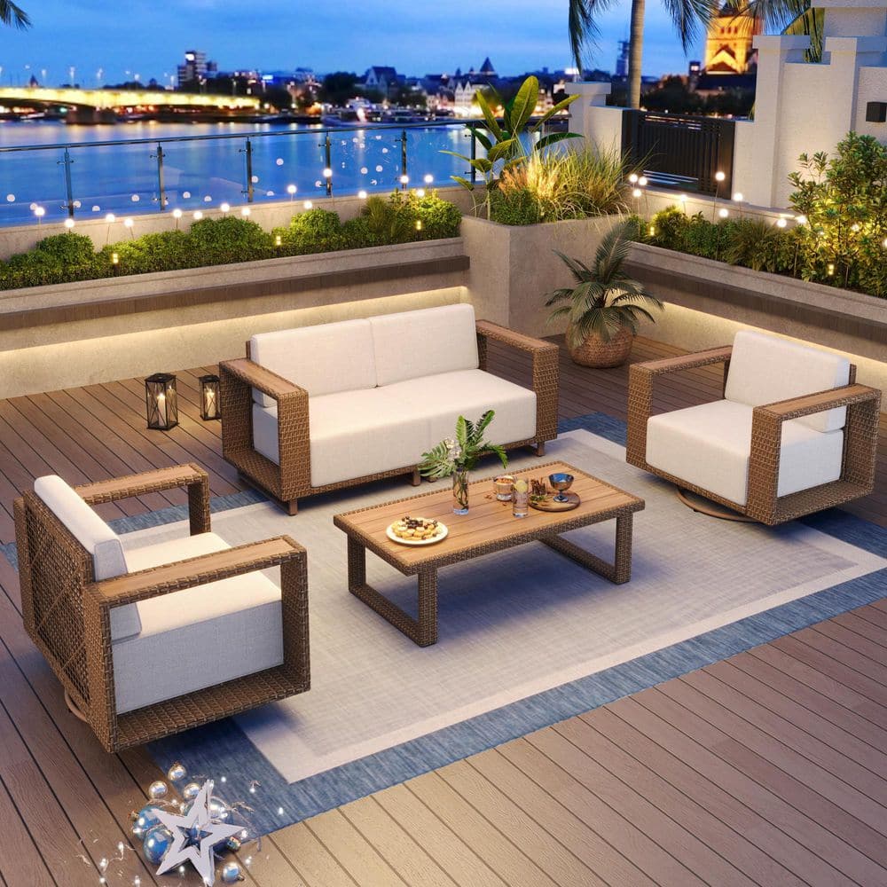Brown Rattan Wicker 4 Seat 5-Piece Steel Outdoor Sectional Set with Beige Cushions,2 Swivel Chairs and Coffee Table price history on PriceWatchPro