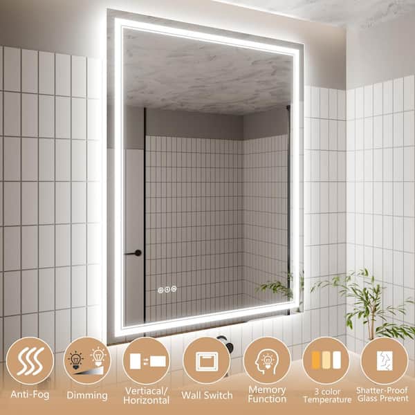 36 in. W x 48 in. H Rectangular Frameless Anti-Fog Wall Dimmable Backlit Dual LED Bathroom Vanity Mirror in Silver