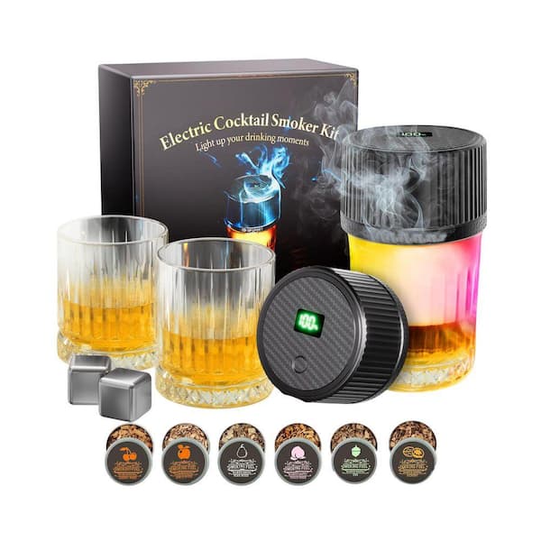 Black ABS Metal Electric Cocktail Smoker Kit with 6 Flavors Wood Chips 2 Ice Tray and 2 Cups