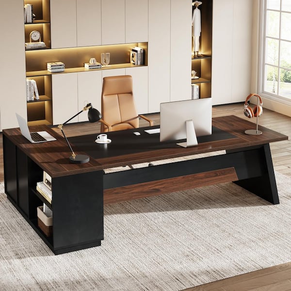 Capen 78 in. L Shaped Walnut and Black Wood Executive Desk with Lateral File Cabinet, Modern Computer Desk Home Office