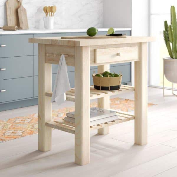 Natural Unfinished Parawood Kitchen Island with Drawer and Shelves