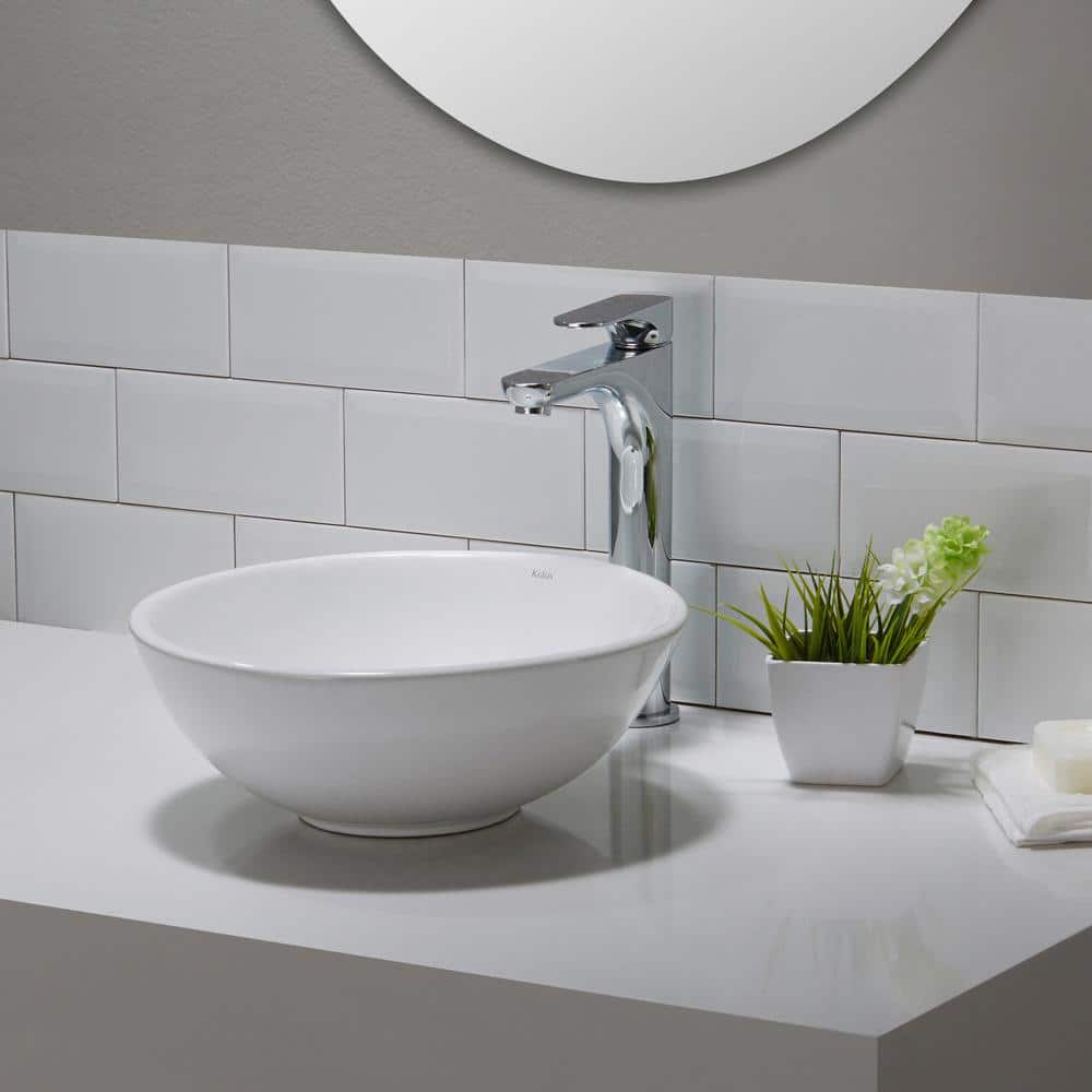 Elavo White Ceramic Round Vessel Bathroom Sink, 13 3/4 in