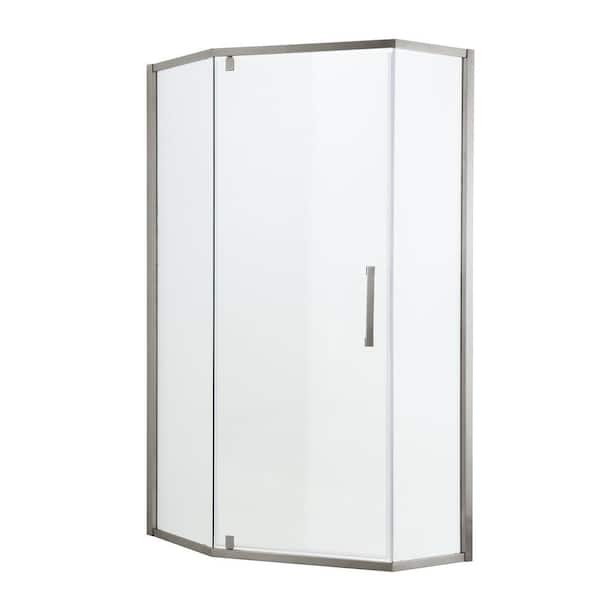 Boosicavelly Pivot Semi Frameless Corner Shower Enclosure in Brushed Nickel Finish 34 in. W x 72 in. H
