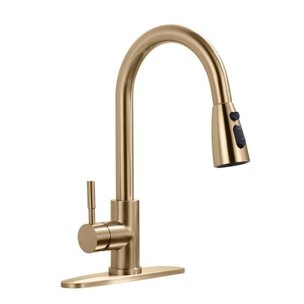 Stainless Steel Single Handle Pull Down Sprayer Kitchen Faucet with 3-Mode Advanced Spray, Deckplate in Gold