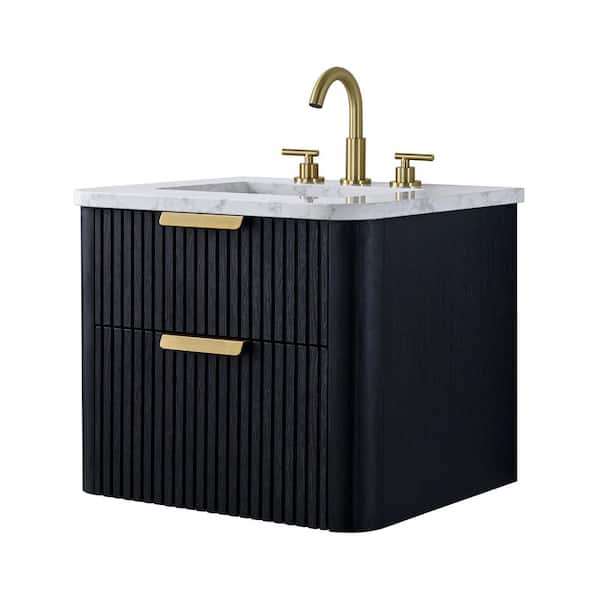 Warren 24 in. W Floating Bath Vanity in Black Oak, Engineered Stone Top in Arabescato and White Sink