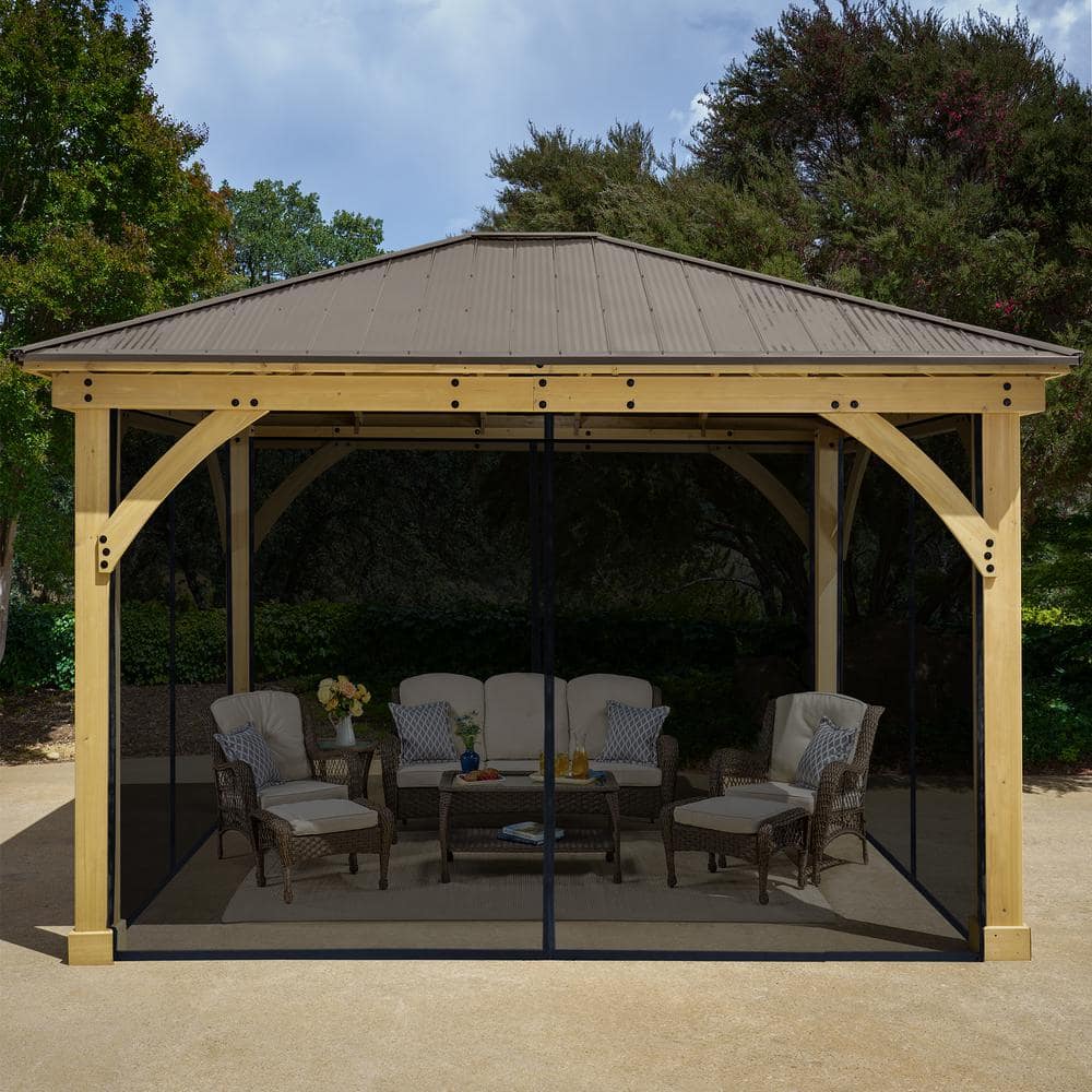 Yardistry Meridian 12 ft. x 14 ft. Premium Cedar Shade Gazebo with Coffee Brown Aluminum Roof ...