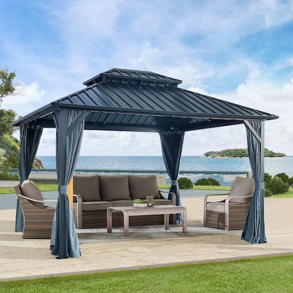 Daheat Agix 12 ft. x 12 ft. Black Aluminum Frame Patio Gazebo with Steel Canopy, Privacy Curtain and Mosquito Net