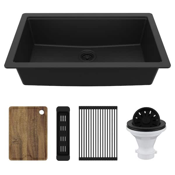 32-3/8 in. Undermount Single Bowl Quartz Workstation Kitchen Sink in Black