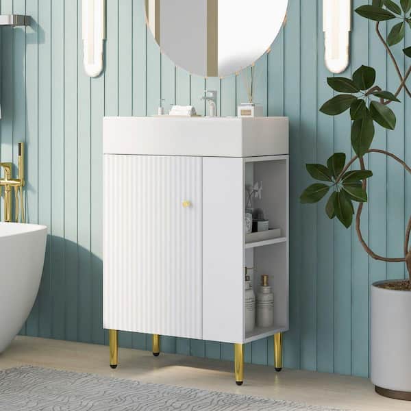 FAMYYT 21.6 in. Freestanding White Bath Vanity with White Ceramic