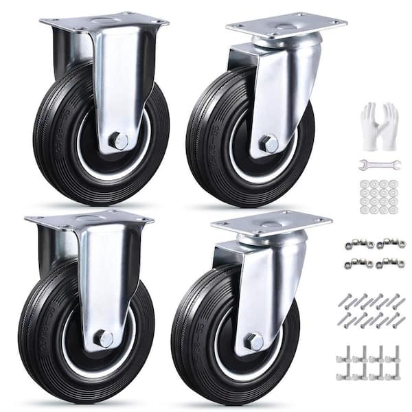 4-Pack Industrial Series 5 in. Black Rubber Rigid and Swivel Plate Casters w/Dust-Proof Cover Heavy Duty 1120 lbs. Load