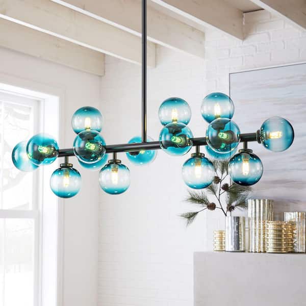 RRTYO Bartlett 16-Light Black Modern Linear Cluster Gradient Blue Glass Globe Bubble Chandelier
