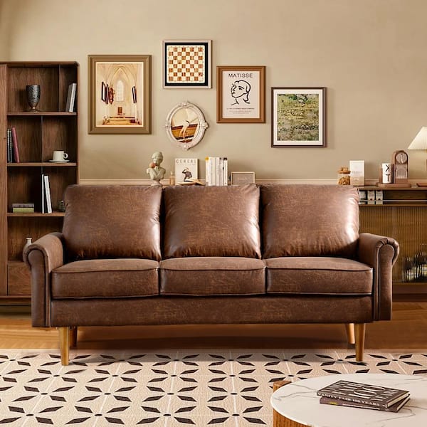Allwex Magic 73 in. Rolled Arm Suede Faux Fabric Rectangle Modern 3-Seater Compact Straight Sofa in Dark Brown