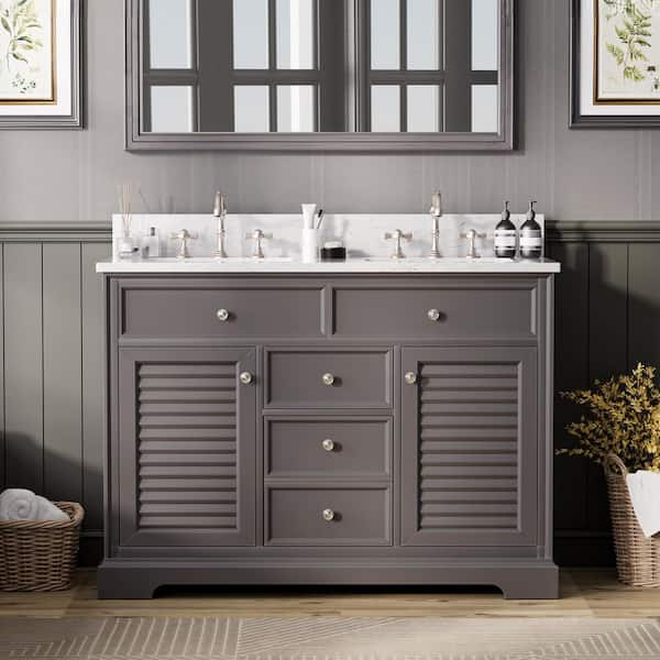 48 in. Dark Brown Wood Double Sink Freestanding Bathroom Vanity with White Marble Top (Assembled)