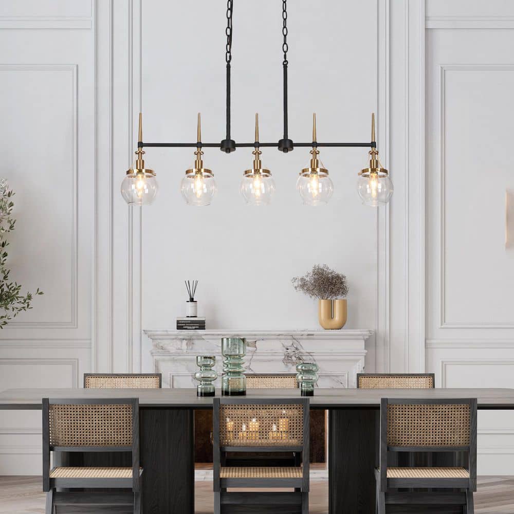 Black and Brass 5-Light Linear Chandelier with Glass Shades
