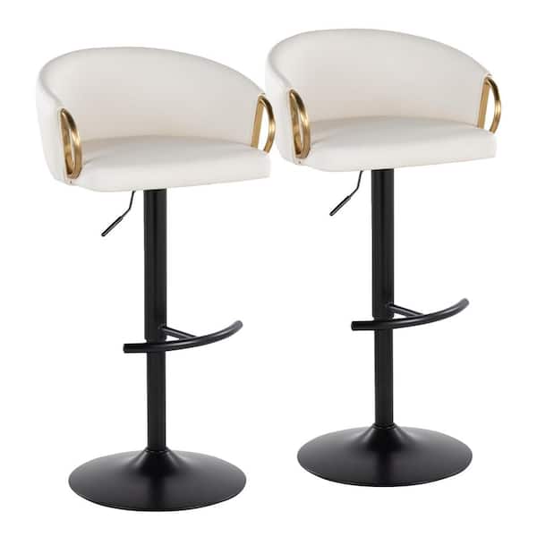 LumiSource Claire 32.5 in. White Faux Leather and Black and Gold Metal Adjustable Bar Stool with Rounded T Footrest (Set of 2)