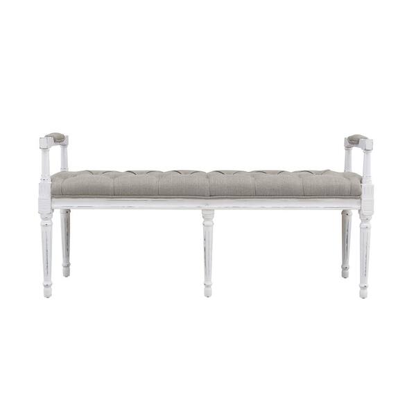 Handy Living Ramah Antique White Wood and Upholstered Top Bench Ottoman in Dove Gray Linen