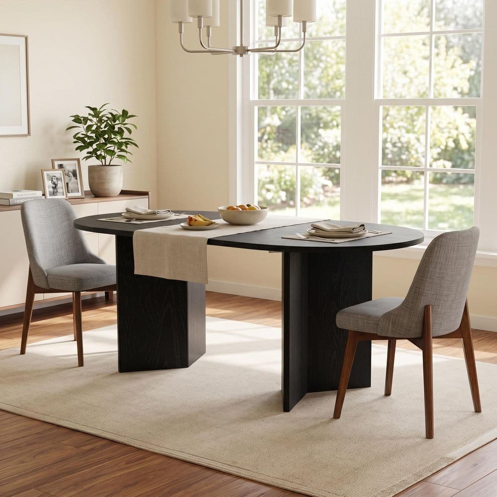 3-Piece Modern Oval Black Wood Top 67 in. Double Pedestal Base Dining Table Set Seats 2